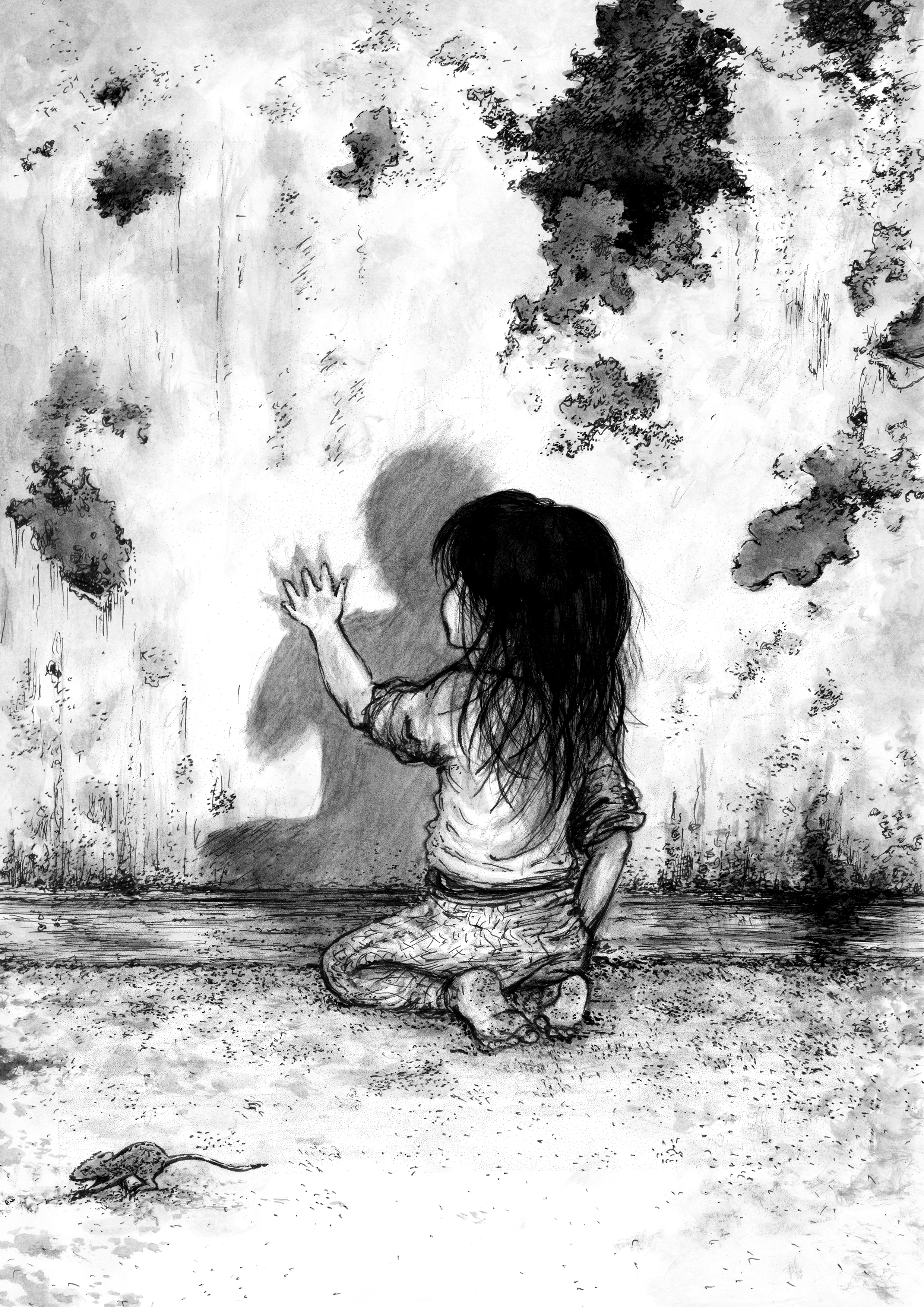 Child touching a shadow on a wall
