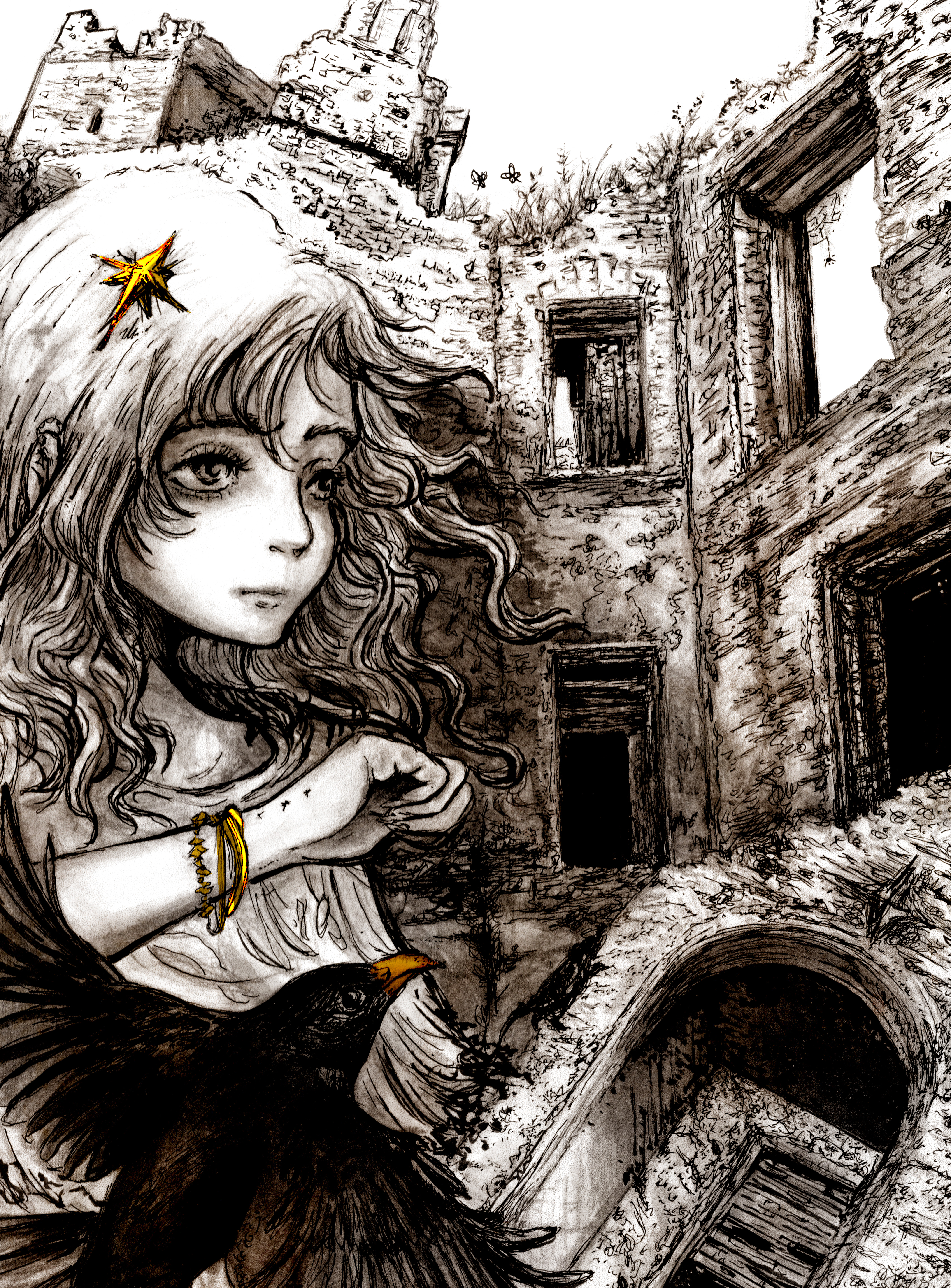Girl and bird in old stone ruins